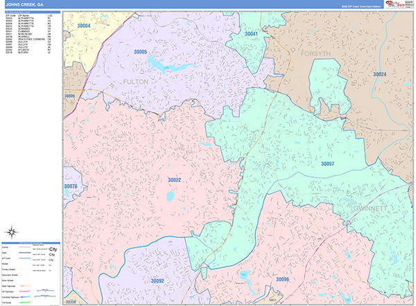 Johns Creek Wall Map Color Cast Style